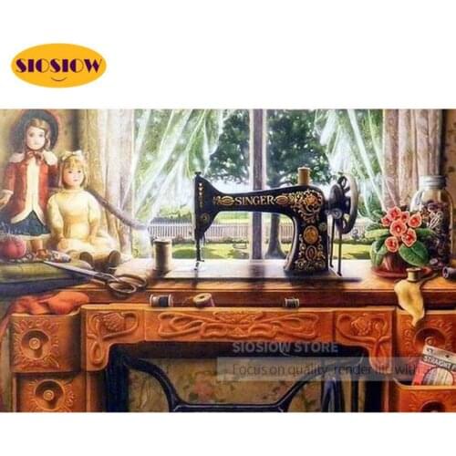 SIOSIOW 5d Diamond Painting Scenery With Window Sewing Machine Full Square Diamond Mosaic Embroidery Rhinestones Home Decor Room