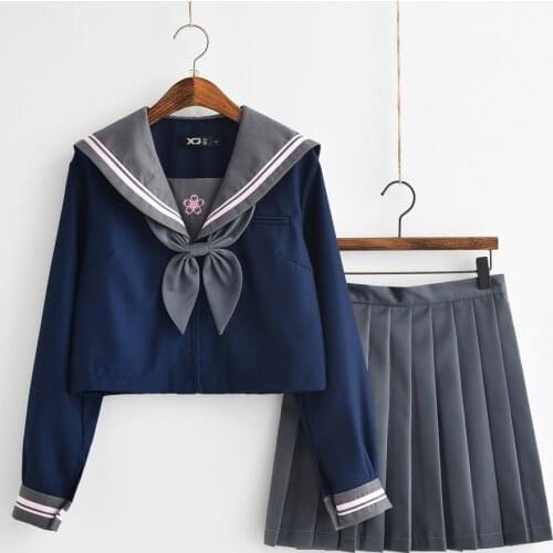 Japanese JK uniform Navy blue Shirt Pink Sakura Embroideried Autumn High School Women Novelty Sailor Suits Uniforms XXL
