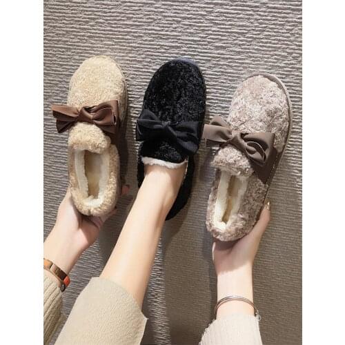 Winter new Harajuku lazy bread cotton shoes a pedal plus velvet warm non-slip flat snow boots womens boots