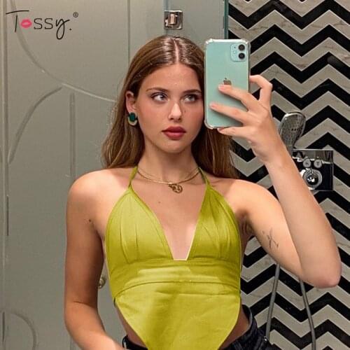 Tossy Satin V-Neck Halter Backless Party Top Sexy Rhombus Cami Tops For Women Festival Green Crop Tops Chic E-girl Mini Outfits