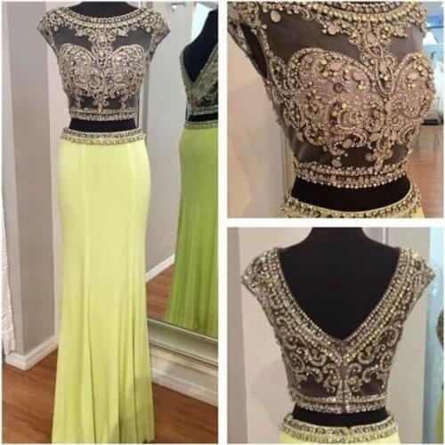 Elegant Heavy Beaded Mermaid Long O-Neck Prom Dresses Robe De Soiree Stretchy Open Back Floor Length Yellow Formal Party Dresses