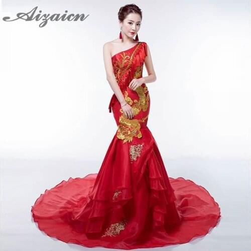 Red Embroidery Long Evening Dress Tailing One Shoulder Tassel Tulle Formal Wedding Qipao Elegant Women Oriental Style Dresses