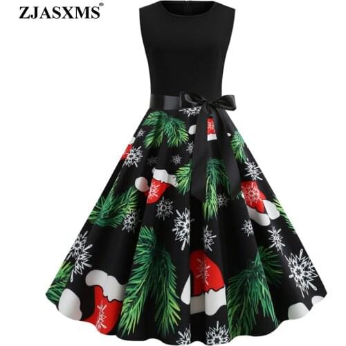 Spring Summer Tie-up Bow Dress Belt Vestidos Christmas Cartoon Printed Women Party Dress Sexy O Neck Sleeveless Hem A-Line Dress