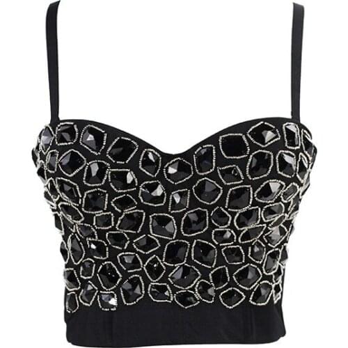 Cupnaya Crystal Sew Women Sexy Stretch Crop Top Push Up Bustier Inside Short Camisole Corset Bralette Sparkly Punk Clubwear