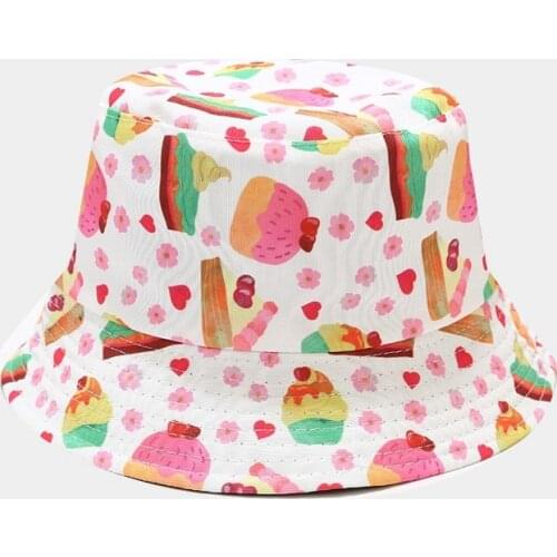 Reversible Fisherman Hat Cartoon Ice Cream Bucket Hats For Women Men Street Hip Hop Bucket Cap Casual Printed Unisx Fishing Hat