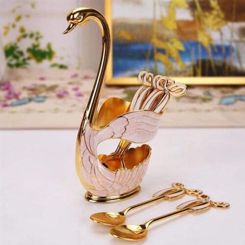 Elegant Swan Base Holder Spoons Set Coffee Fruit Dessert Flatware Dinnerware for Home Decoration 6 Spoons+1 Swan