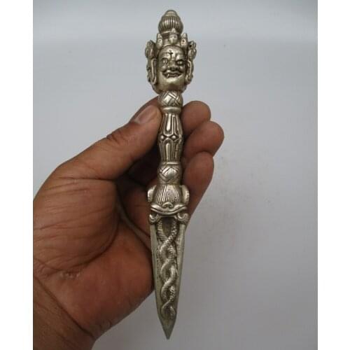 Collectible Decorated Old Handwork Tibet Silver Carved Buddha Knife / Nepal Buddhist slayer stick
