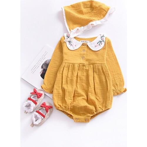 Spring Autumn Baby Girl Bodysuits Embroidery Collar Long Sleeve Overalls+Hat Toddlers Clothing