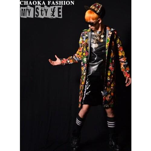 2015 Hot Sale Fashion Mens New Singer Dj Gd Hip Hop Print Long Shirt Stage Costumes Plus Size Men Clothing