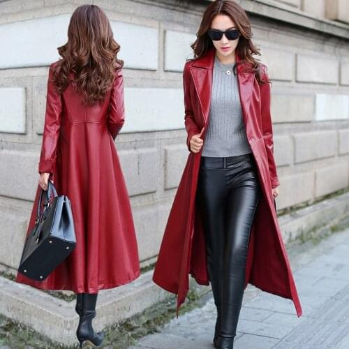 Fashion Large Sizes of Womens Clothing Spring Autumn Long PU Leather Windbreaker Jackets Female Elegant Coat LWL461
