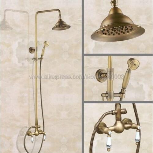 Wall Mount Antique Brass Bathroom Shower Faucet Mixer Taps Dual Handle with Hand Held Shower Kan105