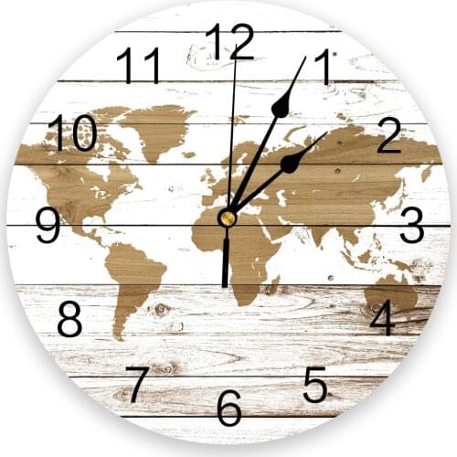 Vintage Wooden Texture World Map Print Wall Clock Wall Art Silent Non ticking Round Wall Watch for Home Decortaion Best Gift