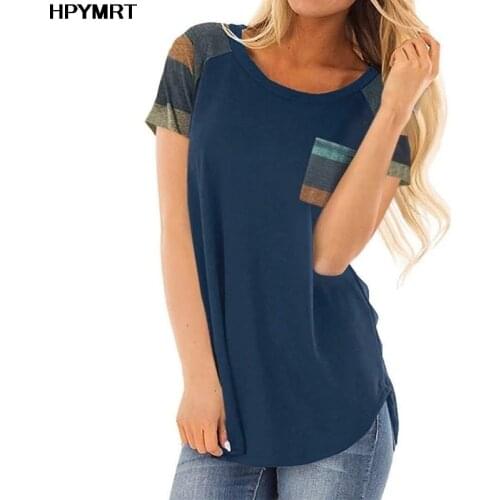 New Navy Blue Striped pocket stitching loose short sleeve T-shirt top women tshirt harajuku color t-shirt female streetwear