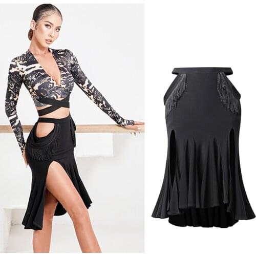 New Ladies Latin Dance Skirt Practice Wear Black Cutout Fringed Latin Skirt Split Dress Ballroom Performance Costumes SL5403