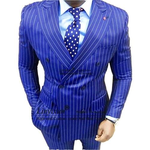 Latest Coat Pant Designs Royal Blue Vertical Stripe Custom Tuxedo Skinny Men Suits 2 Pieces Blazer Terno suit Jacket+Pants