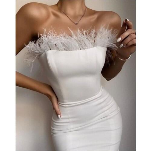 New Fashion Sexy Strapless Backless Feathers Black Bodycon Bandage Dress 2021 Designer Fashion Party Dress Vestido