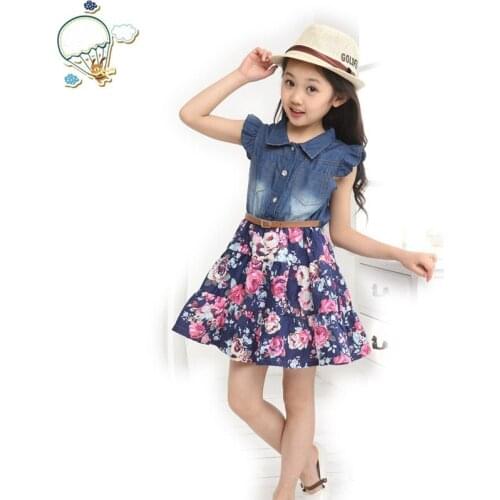 2021 Girls Jean Casual Princess Dresses Denim Floral Girl Dress Summer Lace Flowers Short Sleeve Kids