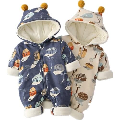 Newborn Baby Clothes Cartoon Printed Hooded Thick Quilted Cotton Lined Baby Boy Romper Baby Girl Rompers Winter Fleece Clothes