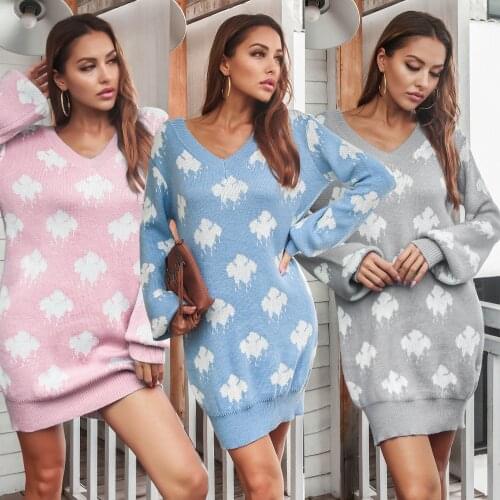 Sweater Dress For Women 2021 Full Lantern Sleeve Knitted Color Female Vestido Casual Mini Dresses Warm Winter Knitwear C3049