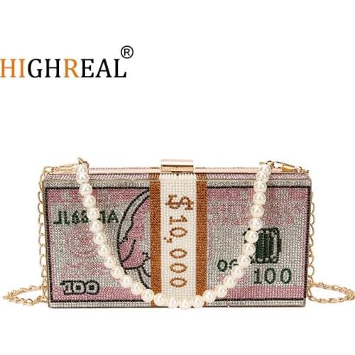 HIGHREAL Luxury Brand Inlaid Diamond Evening Bag Dollars Design Women Wedding Zero Wallet Stack of Cash Funny Money Handbag