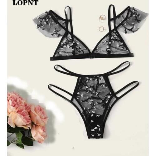 LOPNT Sexy underwear women set Floral Embroidery Sheer Mesh Lingerie Set no bra Backless Bralette sexi Intimates lace bra set