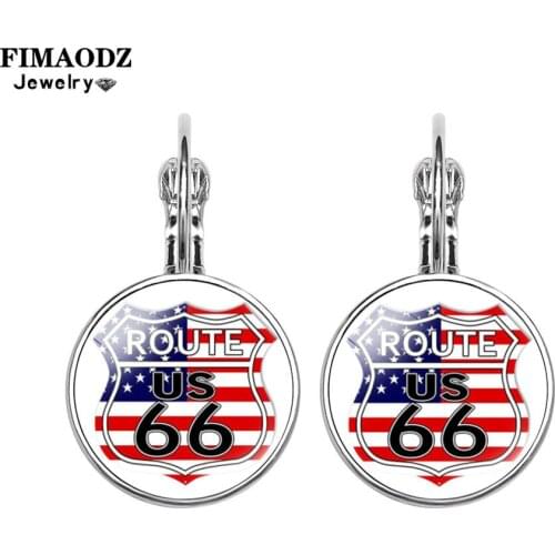 FIMAODZ Retro US Flag Route 66 Earrings for Women Glass Cabochon French Hook Earring Jewelry