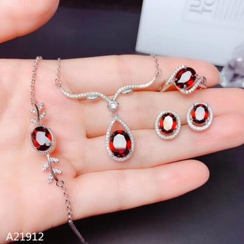 KJJEAXCMY boutique jewels 925 sterling silver natural garnet gem girls earrings ring necklace pendant bracelet 4 piece set white