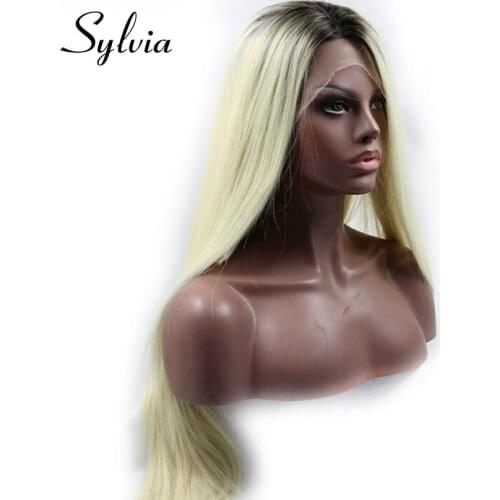 Sylvia 613# Ombre Silky Straight Synthetic Lace Front Wig With Brown Roots Heat Resistant Fiber Hair For Women