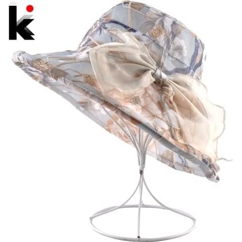 Sun Hat For Women Summer Elegant Bow-knot Wide Brim Beach Unti-UV Caps Lady Church Chapeau Kentucky Derby Hats Floppy Bucket Cap