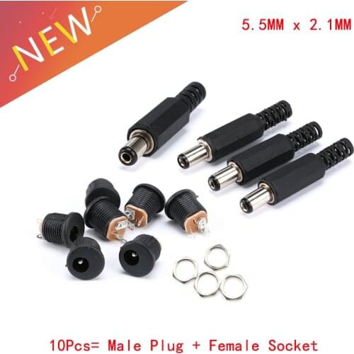 10 pcs 12V 3A Plastic Male Plugs + Female Socket Panel Mount Jack DC Power Connector Electrical Supplies 5.5 x 2.1mm