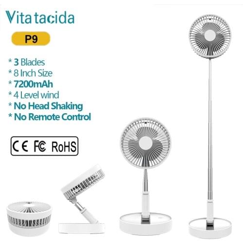 P9/P9S 7200mAh Folding Fan Foldaway Easy Storage with Rechargeable Battery Silent Portable USB Floor Fan Telescopic for Bed Home