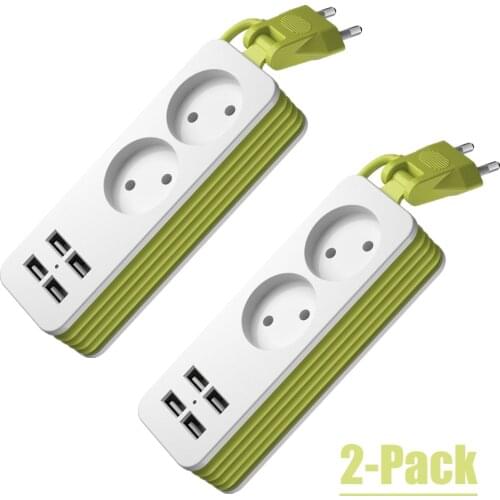 TESSAN 2-Packs EU Travel Power Strip 2 AC Outlets 4 USB Ports with 1.5M Extension Cord Portable Multi Socket Overload Protection