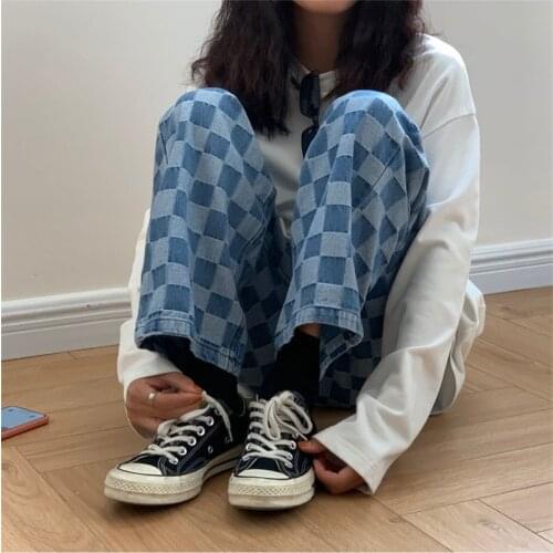Streetwear Spring Loose Plaid Straight Jeans Womens Club 2021 Y2K High Waist Casual Demin Pants Pantalones De Mujer