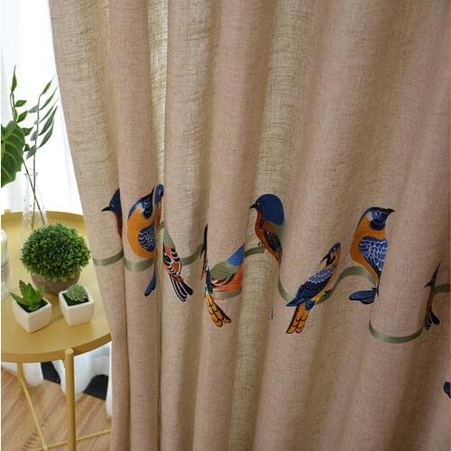 Bird Embroidered Blackout Curtain for Living Room Pastoral Rural Cotton Linen Delicate Bay Window Treatment Drapes wp432C