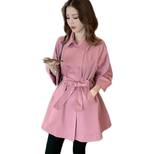 Elegant Womens Windbreaker Coat 2020 New Korean Version Lapel Trench Coat With Belt Female Girl Loose Overcoat Outwear Pink 2035