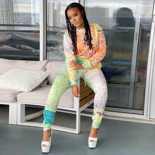 Paisley Bandanna Print 2 Two Piece Set Womens Sport Suit Long Sleeve Pullover Tops and Jogger Sweatpant Autumn Fall Clothing