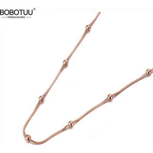BOBOTUU Trendy Rose Gold Color Round Beads Chain & Link Necklaces Jewelry Titanium Steel Choker Necklace For Women Girls BN19079