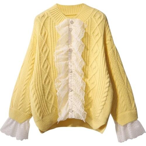 Winter New Flare Sleeved Cardigan Women Loose Female Pulls Tops Sweet Style Lace Patchwork Knitted Women Sweaters And Pullovers
