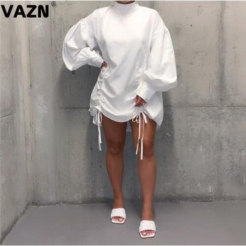 VAZN 2020 Sexy Summer Stacked Ruched Casual Mini Dresses Long Sleeve Turtleneck Deep Dress Sexy Beach Holiday Elegant Dress