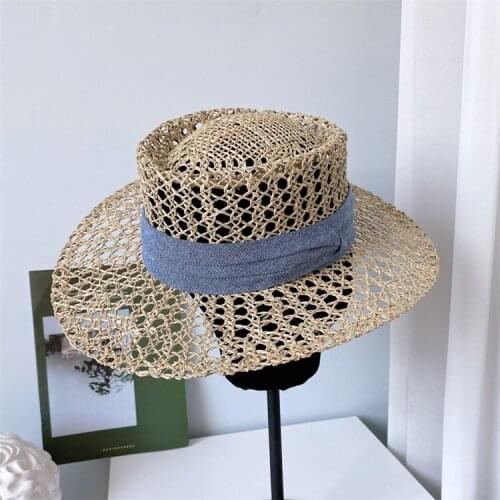 202103-lulu new summer Hand woven Hollow out salty grass Beach lady sun cap men women panama jazz hat