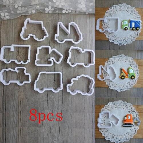 8PCS Set Cookie Cutter Vehicle Truck Shape Fondant Molds Mixer Crane Car Fire Engine Fondant Biscuit Mould Cake Decorating Tool