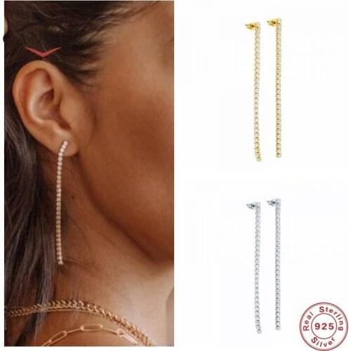 CANNER 925 Sterling Silver Geometric Zircon Long Stud Earrings For Women Piercing Ear Studs Earring Earings Jewelry Pendientes