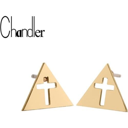 Chandler 1 Pair Mens Women titanium Steel Cross Earrings Spike Simple Triangle Stud Earring Punk Stainless Steel Cross Earring