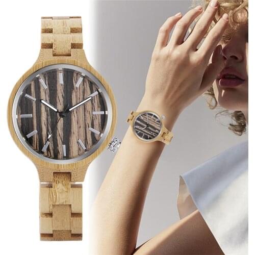 Natural Bamboo Wood Watch Ladies Quartz Full Wooden Bangle Wristwatch Trendy Retro Womens Wood Timepiece Folding Clasp