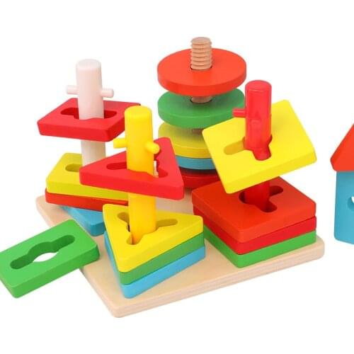 Wooden Matching Four-column Shape Pairing Set of Water-based Environmentally Friendly Paint Free Assembling Educational Toys
