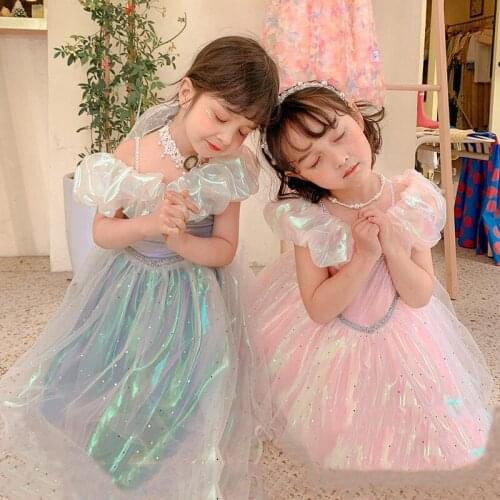 Kids Clothes Girls Summer Dress 2021 Princess Birthday Dress Shoulderless Magic Color Sequined Dot Mesh Dress Children Dresses