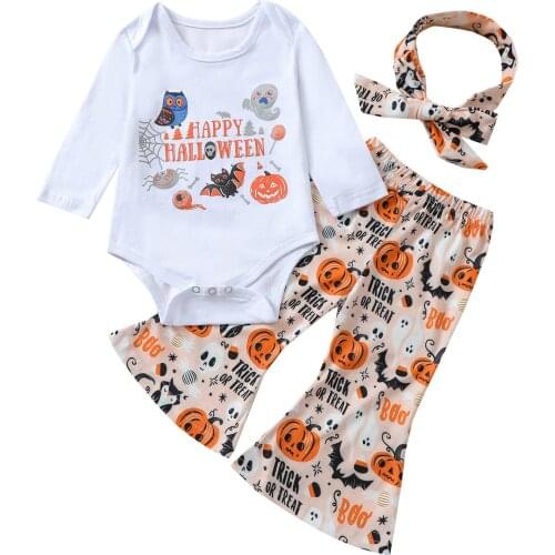 Baby Girls Halloween Clothes Set, Pumpkin Print Long Sleeve O-neck Romper+Flared Trousers+Headband