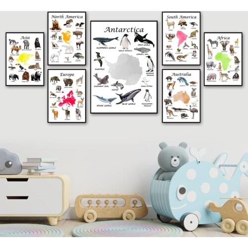 Europe America Antarctic Australia Africa Animal Nordic Poster And Prints Wall Art Canvas Painting Wall Pictures Baby Room Decor
