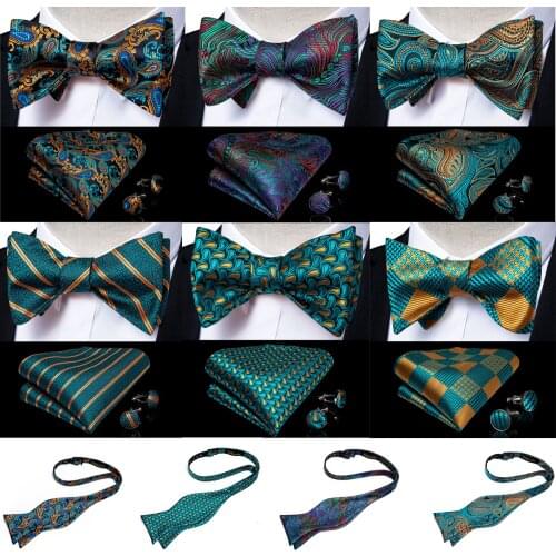 Teal Green Gold Floral Paisley 100%Silk Woven Men Butterfly Self Bow Tie Pocket Square Set Groom Tuxedo Butterfly Bow DiBanGu