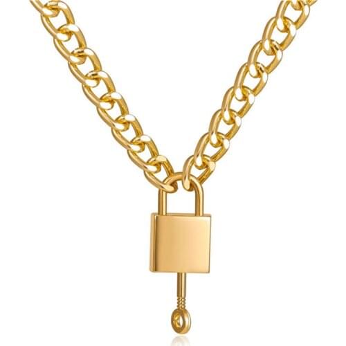 Gothtic Gold Lock Key Chunky Chain Necklace For Women Men Big Chain Unlockable Lock Key Pendant Necklaces Exaggerated Jewelry